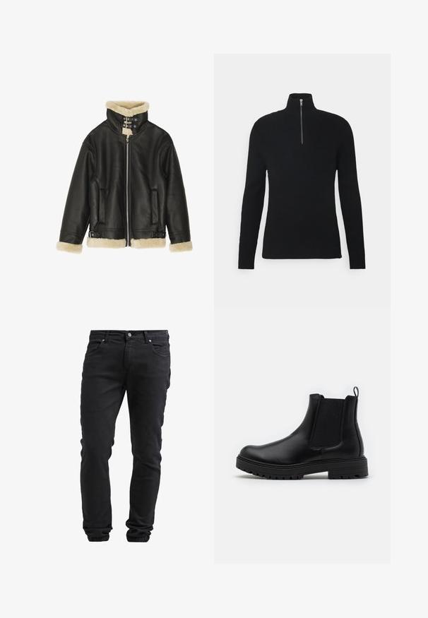 Veste en cuir noir avec col et poignets en shearling beige pelucheux. Dispose d'une fermeture éclair sur le devant et de deux poches latérales. Design robuste avec boucles.; Pull à col roulé noir côtelé, avec une fermeture éclair quart de zip, des manches longues et un tissu texturé pour une dimension supplémentaire.; Jeans noirs ajustés avec fermeture à bouton et à glissière, cinq poches et poignets élastiques aux chevilles.; Zign LEATHER - Bottines - black