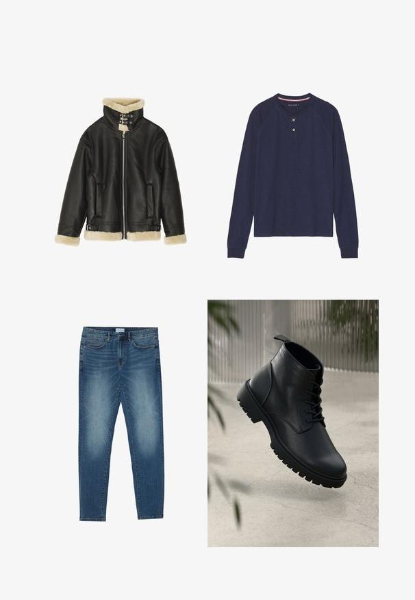Veste en cuir noir avec col et poignets en shearling beige pelucheux. Dispose d'une fermeture éclair sur le devant et de deux poches latérales. Design robuste avec boucles.; Chemise henley à manches longues, bleu marine, avec un col arrondi, une patte de boutonnage à deux boutons et des poignets côtelés. Texture douce, design décontracté.; Jean en denim bleu moyen avec un délavage léger, design à cinq poches, coupe droite et accents cousus. Fermeture par bouton et zip.; Bottines en cuir noir avec un bout rond, un laçage, et une semelle en caoutchouc robuste. Texture lisse avec une languette à l'arrière.