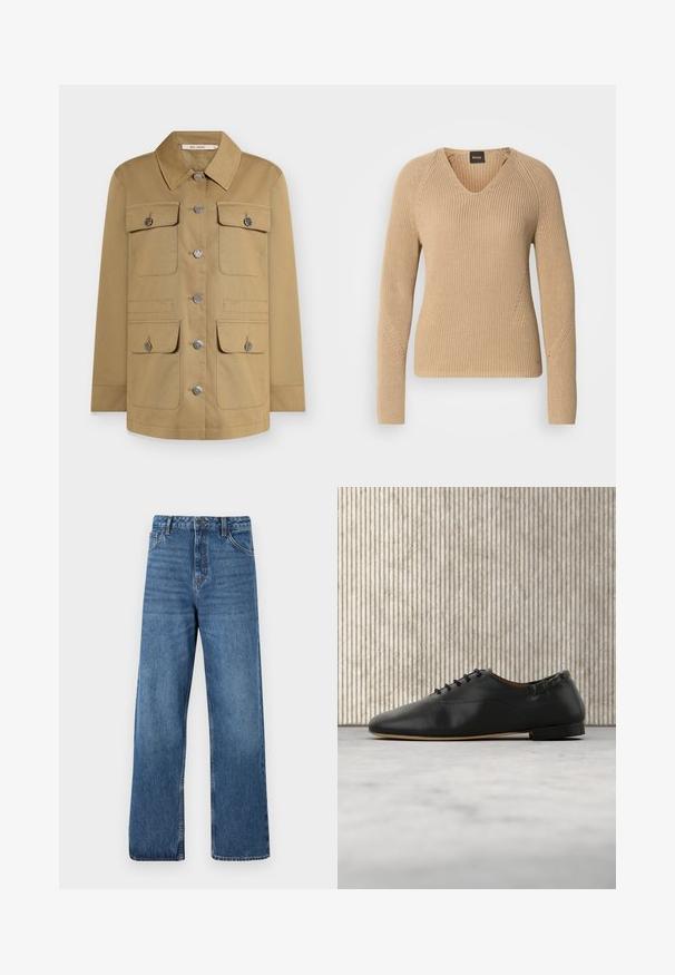 Tan button-up jakke med krave, fire forlommer og sølvfarvet hardware. Fremstillet af holdbart stof for en struktureret pasform.; Beige strikket sweater med V-hals, lange ærmer og struktureret ribstrikket design med diagonale syningsdetaljer på skuldrene.; Blå højttaljede denimjeans med vide ben, der har en glat tekstur, minimale syningsdetaljer og en klassisk fem-lomme-stil.; Sort læder-fladsko med snørebånd, rundet tå og lav hæl, vist i højre sideprofil på en lys baggrund.