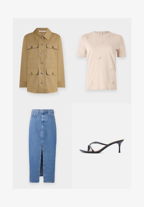 Tan button-up jakke med krave, fire forlommer og sølvfarvet hardware. Fremstillet af holdbart stof for en struktureret pasform.; Beige bomulds T-shirt med rund hals. Har små, subtile fjer mønstre i en lysere nuance. Korte ærmer, almindelig pasform.; Lyseblå denim midi-nederdel med en frontslids, klassisk fem-lomme design og lukning med topknap. Stoffet har en let struktur.; Sort laklædersandal med hæl, tynde krydsede remme og en slank mellemhøj stilethæl på en hvid baggrund.