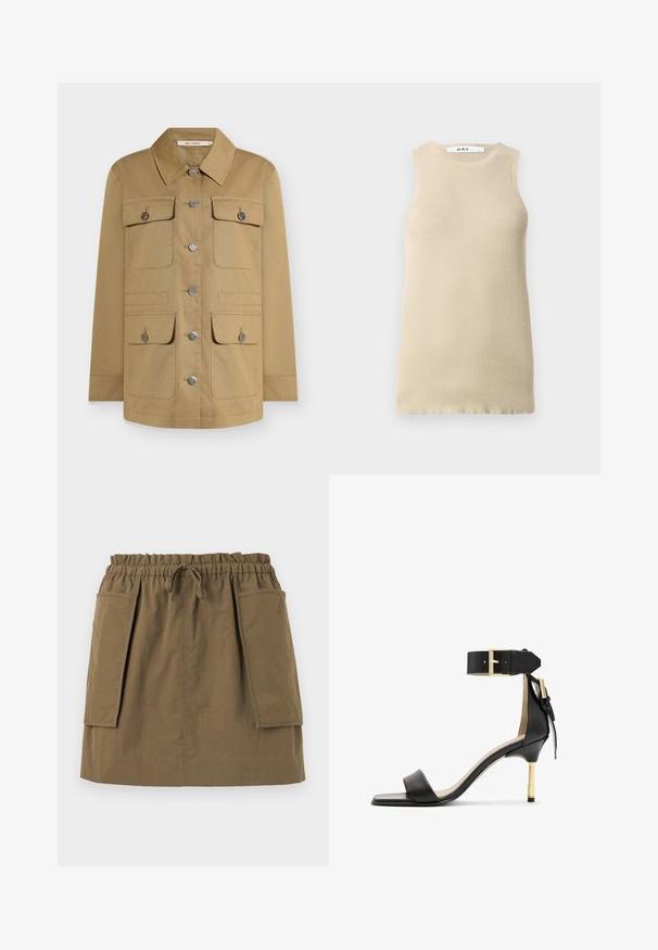 Tan button-up jakke med krave, fire forlommer og sølvfarvet hardware. Fremstillet af holdbart stof for en struktureret pasform.; Beige ribbet ærmeløs top med rund halsudskæring, der har en tætsiddende pasform og glat tekstur, ideel til lag-på-lag eller varmt vejr.; Oliven grøn, knælang nederdel med elastisk talje, snøre og to store sidelommer. Fremstillet af letvægtsstof med synlige sømme.; Sort læder hæl sandal med firkantet tå, ankelrem med en guldbuckle og en slank metallisk hæl. Glat tekstur, minimalistisk design.
