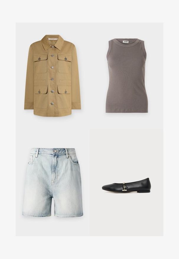 Tan button-up jakke med krave, fire forlommer og sølvfarvet hardware. Fremstillet af holdbart stof for en struktureret pasform.; Grå ribbede tanktop med rund halsudskæring og ærmeløs design, lavet af et blødt, tekstureret stof. Enkel, tætsiddende silhuet.; Lyseblå denimshorts med knaplukning, fem lommer og en falmet struktur. Lige snit med et klassisk design.; Sort læder flad sko med rundet tå og lille guldlåsdetalje på siden, vist på en ensfarvet lys baggrund.