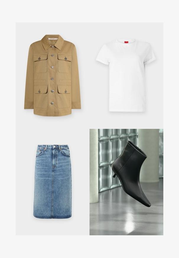 Beige jack met knopen, voorzien van een kraag, vier voorzakken en zilverkleurige details. Gemaakt van duurzaam materiaal voor een gestructureerde pasvorm.; Witte T-shirt met korte mouwen, gemaakt van lichtgewicht katoen. Heeft een ronde hals en opgerolde mouwen. Rode merketiket op de kraag.; Denim rok in lichtblauw. Heeft een rechte silhouet, vijf zakken, en een knoopsluiting met riemlussen. Verweerde textuuraccenten.; Zwarte leren enkellaars met spits toelopende neus en lage kittenhak, schuin weergegeven tegen een gepolijste vloer en een glazen blokken muur als achtergrond.
