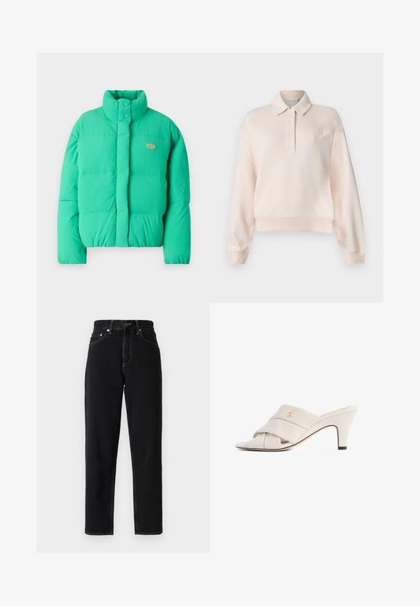 Roheline puffer-jakk, millel on kõrge krae, nööbiga kinnitamine ja horisontaalsed õmblused. Vasakul pool on väike logo.; Heled roosa polo-sweatshirt, millel on kraega kaelus, kolmesuunaline nuppude rida ja reljeefne brändi logo rinnal. Pehme kangas, mugav lõige.; Mustad denimsirgedega mustad teksased, sirge jala disainiga, kõrge talje ja kontrastõmblustega. Omab viit taskut ja lukuga sulgemist.; Beežid kõrgete kontsadega mandlikujulised jalatsid keerutatud nahast rihmade disainiga, avatud varbaosaga ja reljeefse logoga aktsendiga. Kand on musta otsaga detailiga.