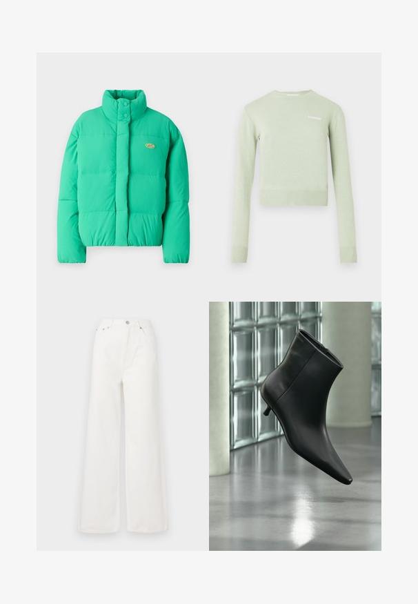 Roheline puffer-jakk, millel on kõrge krae, nööbiga kinnitamine ja horisontaalsed õmblused. Vasakul pool on väike logo.; Heleroheline pullover-suurusega kampsun, millel on soonilised krae ja varrukaservalõiked. Lühike, keha järgi lõigatud stiil, millel on väike valge logo rinnal.; Valged kõrge vöökohaga laiad teksad, mis on valmistatud denimist. Omab ees küljetaskuid, nööbikinnitust ja vigastatud serva detaile.; Mustast nahast pahkluu saabas terava varbaotsaga ja madala Kitsuki kontsaga, kuvatud nurga alt läikiva põranda ja klaasplokkseinaga taustal.