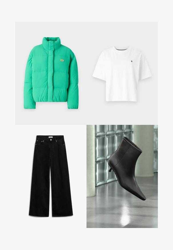 Grüne Steppjacke mit hohem Kragen, Druckknopfverschluss und horizontalen Nähten. Enthält ein kleines Logo auf der linken Seite.; Weißes Baumwoll-T-Shirt, kurze Cropped-Design, kurze Ärmel, runder Halsausschnitt, mit einem kleinen schwarzen Logo auf der linken Brust.; Schwarze Schlagjeans aus Denim, mit hoher Taille, fünf Taschen und silbernen Hardware-Akzenten. Glatte Textur, sauberes Design.; Schwarzer Leder-Knöchelstiefel mit spitzer Spitze und kleinem Absatz vor einer Wand aus Glasbausteinen und einem polierten Boden.