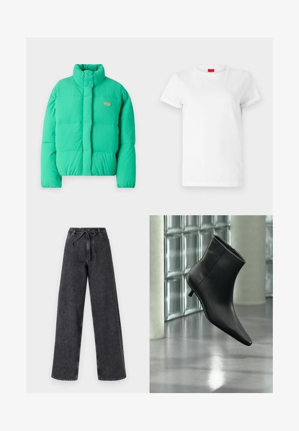 Grüne Steppjacke mit hohem Kragen, Druckknopfverschluss und horizontalen Nähten. Enthält ein kleines Logo auf der linken Seite.; Weißes Kurzarm-T-Shirt aus leichtem Baumwollstoff. Hat einen runden Halsausschnitt und umgeschlagene Ärmel. Rotes Logo-Tag am Kragen.; Hochtaillierte, weit geschnittene schwarze Jeans aus Denim mit einem Kordelzugverschluss. Verfügt über eine verwaschene Textur und subtile Steppdetails.; Schwarzer Leder-Stiefelette mit spitzer Zehenpartie und niedrigem Kitten-Heel, schräg dargestellt vor einem polierten Boden und einer Glasbausteinwand.