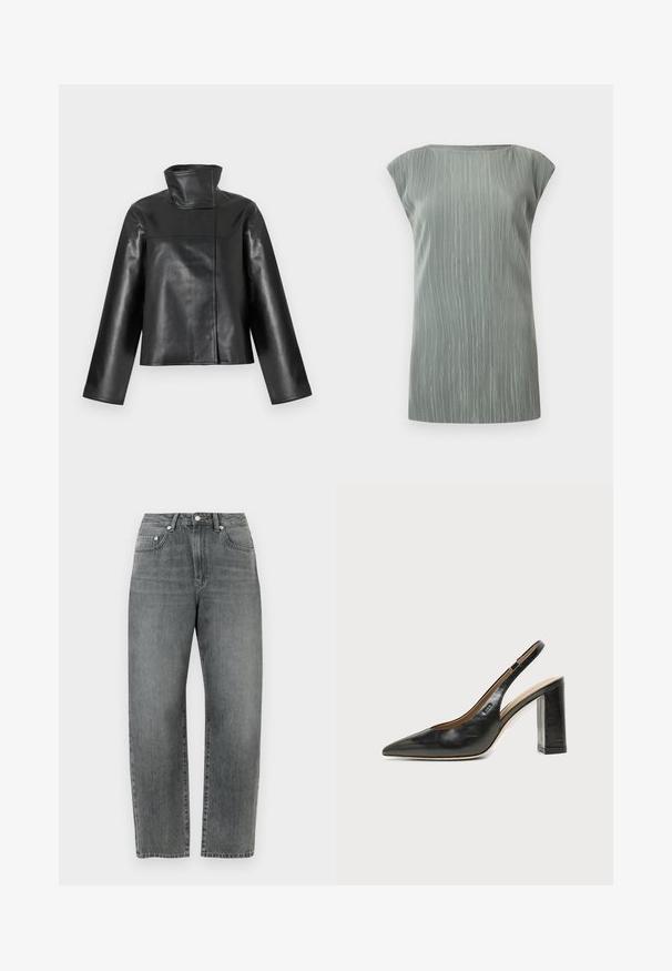 Veste en cuir noire avec un col montant haut, des manches longues et une fermeture avant dissimulée présentée sur un fond blanc.; Haut sans manches gris clair en maille côtelée avec un col bateau et un ourlet droit.; Jean en denim gris avec une coupe droite, un design classique à cinq poches et des détails en boutons métalliques à l'avant.; BOSS MIAH - Escarpins - black