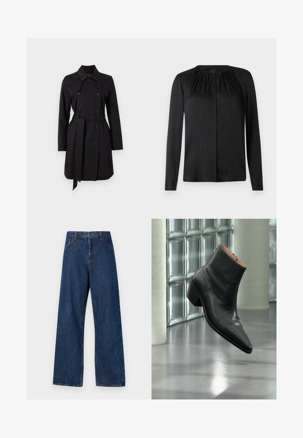 Sort trenchcoat med dobbeltradet design, stor krave og bælte. Fremstillet af glat stof med fremtrædende knapper og to sidelommer.; Sort langærmet bluse lavet af glat stof med rund hals og subtile læg ved skuldrene. Har en lige pasform og knaplukning foran.; Mørkeblå brede jeans lavet af denim med et klassisk fem-lomme design. Har kontrastsyning og en frontlukning med knap.; Sort læderankelstøvle med spids tå og blokhæl, der svæver over en reflekterende grå gulv nær en væg af glasblokke.