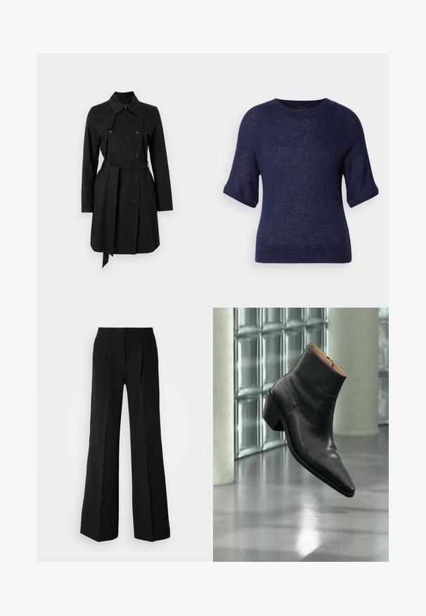 Sort trenchcoat med dobbeltradet design, stor krave og bælte. Fremstillet af glat stof med fremtrædende knapper og to sidelommer.; Mørkeblå kortærmet trøje i strikstof med rund halsudskæring og løs pasform med ribbede kanter.; Sorte bukser lavet af glat stof, med høj talje, bred ben silhuet og to frontfolder for ekstra design detaljer.; Sort læderankelstøvle med spids tå og blokhæl, der svæver over en reflekterende grå gulv nær en væg af glasblokke.