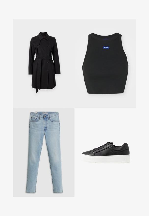 Sort trenchcoat med dobbeltradet design, stor krave og bælte. Fremstillet af glat stof med fremtrædende knapper og to sidelommer.; Sort ribbet crop top med høj hals og en blå "HUGO"-logo på forsiden. Stoffet er tekstureret og kropsnært.; Lyseblå denimbukser med lige ben, fem-lommer stil og diskret falming ved lårene. Har metalbeslag og syninger.; Sort læder sneakers med struktureret overflade, hvid gummisål, rund tå og snøre-design. Har syede detaljer og glat tunge.
