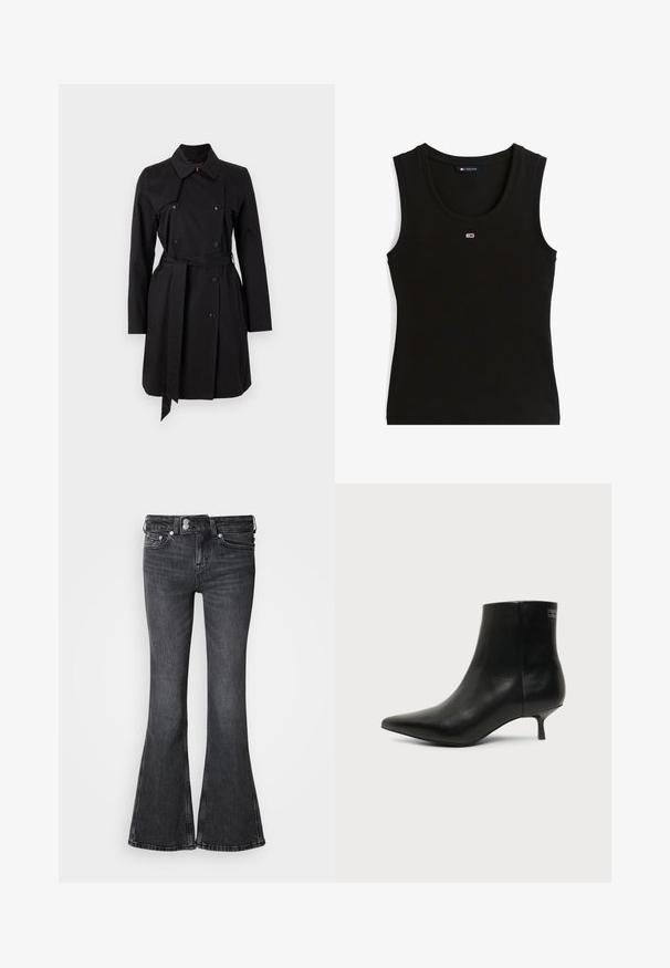 Sort trenchcoat med dobbeltradet design, stor krave og bælte. Fremstillet af glat stof med fremtrædende knapper og to sidelommer.; Sort ribbet ærmeløs tanktop med lille rød, hvid og blå rektangulært logo midt på brystet og mærkat i kraven med teksten Tommy Jeans.; Sorte jeans med vidde, lavet af denim, med talje i midten, fem lommer og en syet kant. Dekorativt logo på bageste linning.; Sort læder ankelstøvle med spids tå og lav kitten hæl på lys baggrund, der viser yderside.