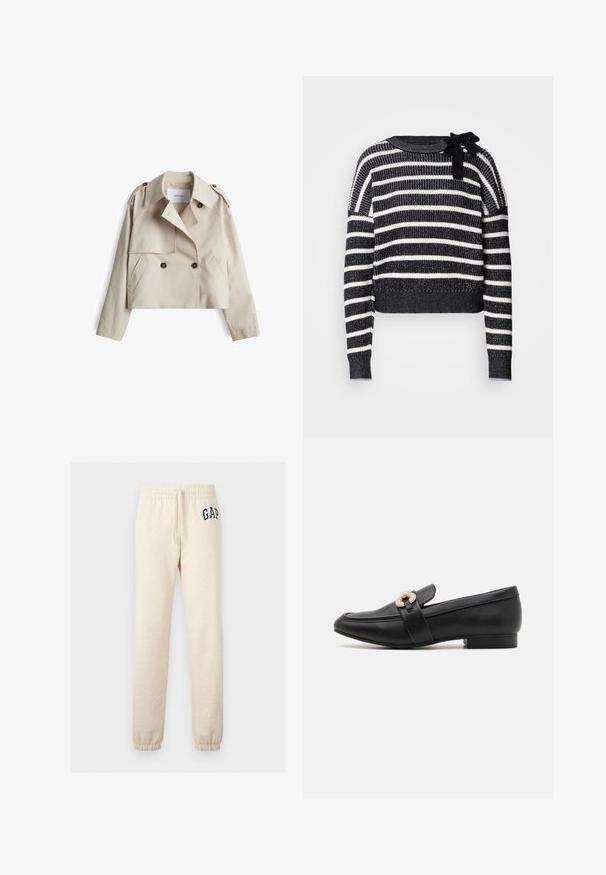 Beiger gekürzter Trenchcoat aus Baumwollmischung, mit doppelt geknöpftem Verschluss, Schulterklappen und zwei Vordertaschen.; Scotch & Soda STRIPE TIE NECK - Strickpullover - sky captain; Beige elastische Sweatpants mit Kordelzug und elastischen Bündchen, mit dunkelblauem "GAP"-Logo an der oberen linken Oberschenkelseite.; Schwarzer Lederloafer mit niedrigem Absatz, der einen goldfarbenen, verzierten Riemen über dem Spann und ein glattes, elegantes Design aufweist.