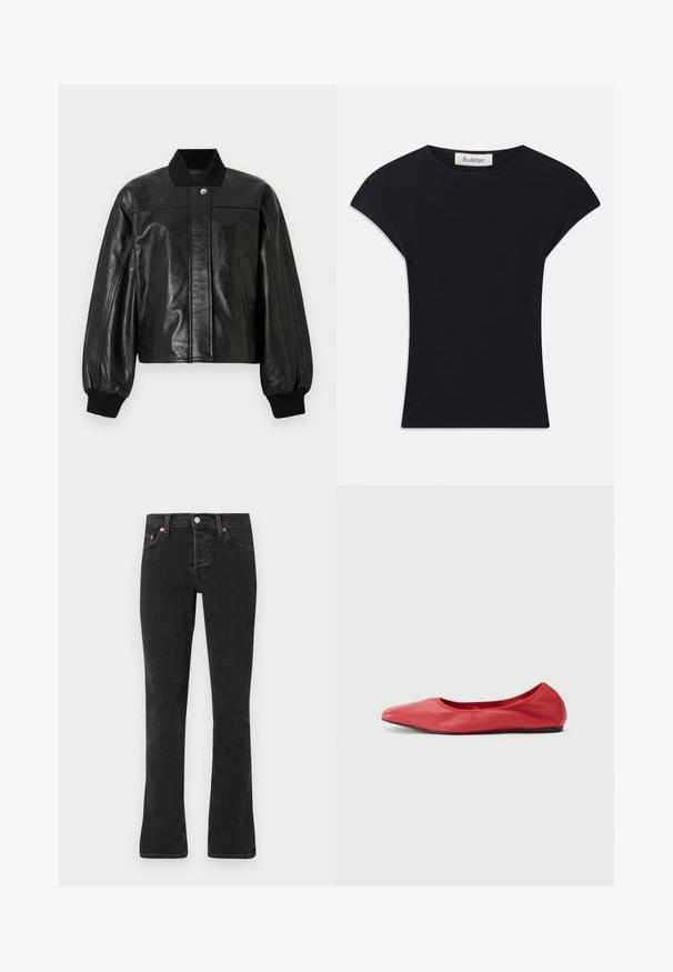 Veste aviateur en cuir noir avec col côtelé, fermeture éclair et deux poches avant. Comprend des épaules rembourrées et des poignets côtelés.; Haut noir à manches courtes en tissu doux, avec un col rond et une coupe ajustée, ornée de légers accents d'épaule. Étiquette visible.; Jean noir droit avec fermeture à boutons et fermeture éclair, poches avant et passants pour ceinture.; Filippa K REY FLATS - Ballerines - bright red