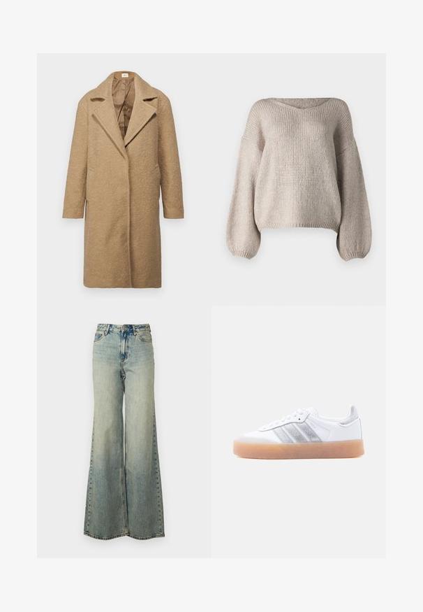 Brun uldblandingsfrakke med tekstureret finish, med slå-om krave, åbent front og sidelommer. Designet til en løs pasform med lange ærmer.; Beige strikket sweater med bred V-udskæring, lange ballonærmer og en cropped kant. Teksturen er chunky og blød, med et enkelt design.; Lyseblå vide jeans lavet af denim, med høj talje, bleget vask og sidelommer med synlige stikninger.; Hvid lavtop-sneaker med gum-gummisål, sølvstribede sideaccents og snørelukning, vist mod en ensfarvet lys baggrund.