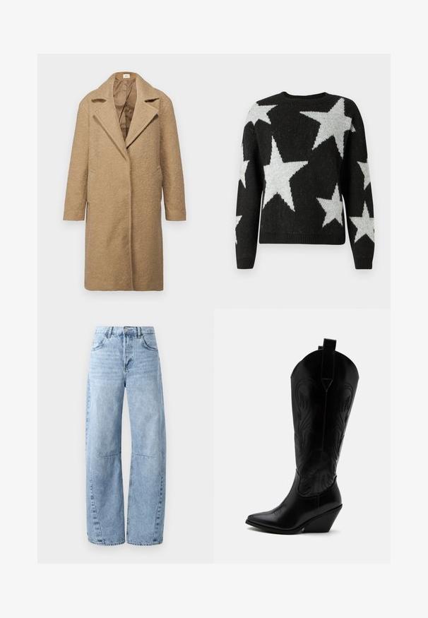 Brun uldblandingsfrakke med tekstureret finish, med slå-om krave, åbent front og sidelommer. Designet til en løs pasform med lange ærmer.; ONLY Knitted ONLJESSICA Knitted - Striktrøje - black; Lysblå brede jeans lavet af denim, med høj talje, fem lommer og diskret slid. Benene har synlige syninger og sømme.; Sort læder cowboystøvle med spidst tåparti, skråt blokhælhæl, dekorative sømme og trækstropper øverst mod hvid baggrund.