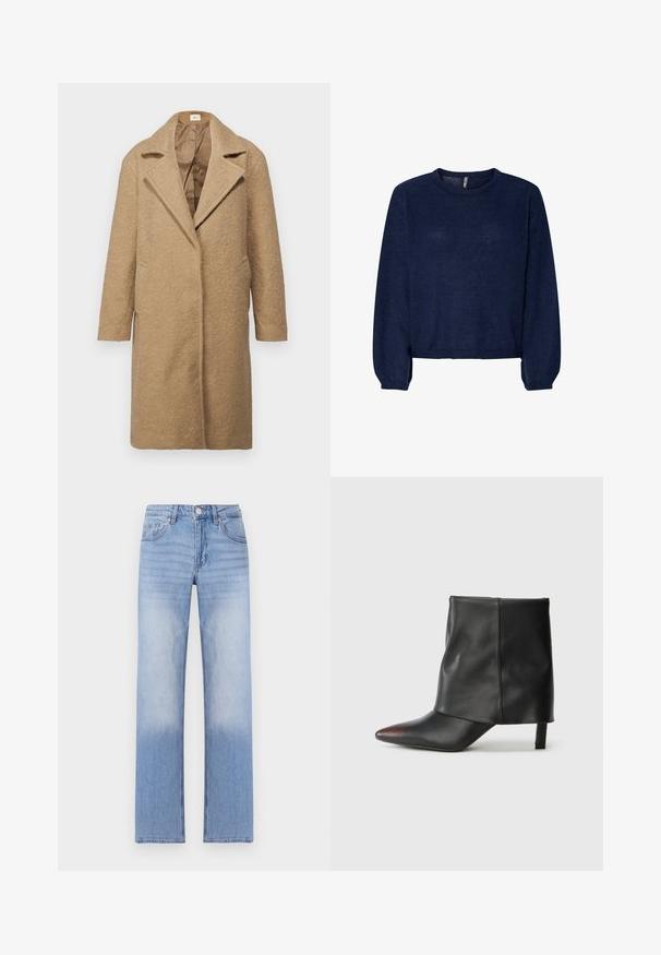 Manteau en mélange de laine marron avec une finition texturée, revers crantés, ouverture sur le devant et poches latérales. Conçu pour une coupe ample avec des manches longues.; Pull en maille bleu marine avec un col rond, des manches longues et un ourlet court. Texture douce, sans motifs ni embellissements visibles.; Jean en denim bleu clair avec une coupe droite, présentant un délavage aux extrémités et un style classique à cinq poches.; Bottine noire en cuir lisse avec un bout pointu et un talon effilé. La tige présente un design légèrement froncé.