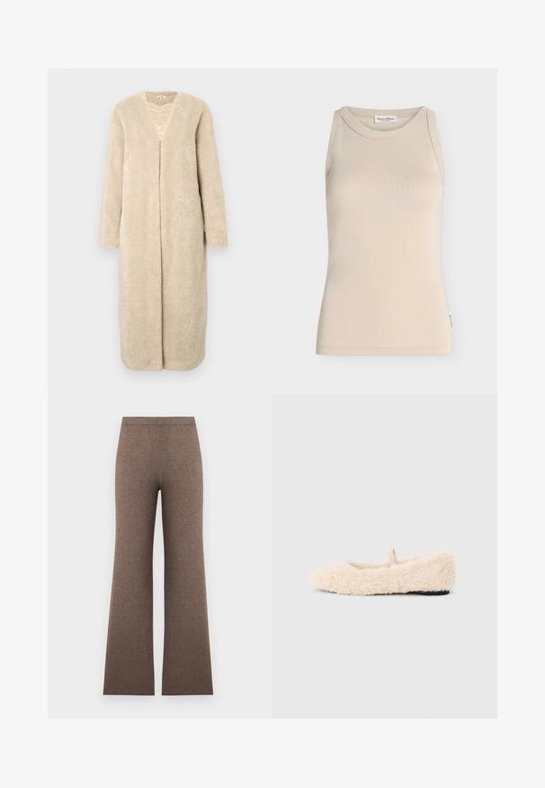 Beige lang frakke lavet af blødt, struktureret stof. Har en V-udskæring og åbent for, med lange ærmer og lige snit.; Beige ærmeløs top med rund halsudskæring, enkelt design og lille mærke på sidesømmen.; Brune høj talje strikkede bukser med vide ben og ribstrikket elastisk talje, vist fladt mod en lys baggrund.; Luftig, cremefarvet hjemmesko med en blød tekstur, rund tå, minimalistisk design og en lille stofsløjfe på bagsiden for nem påtagning.