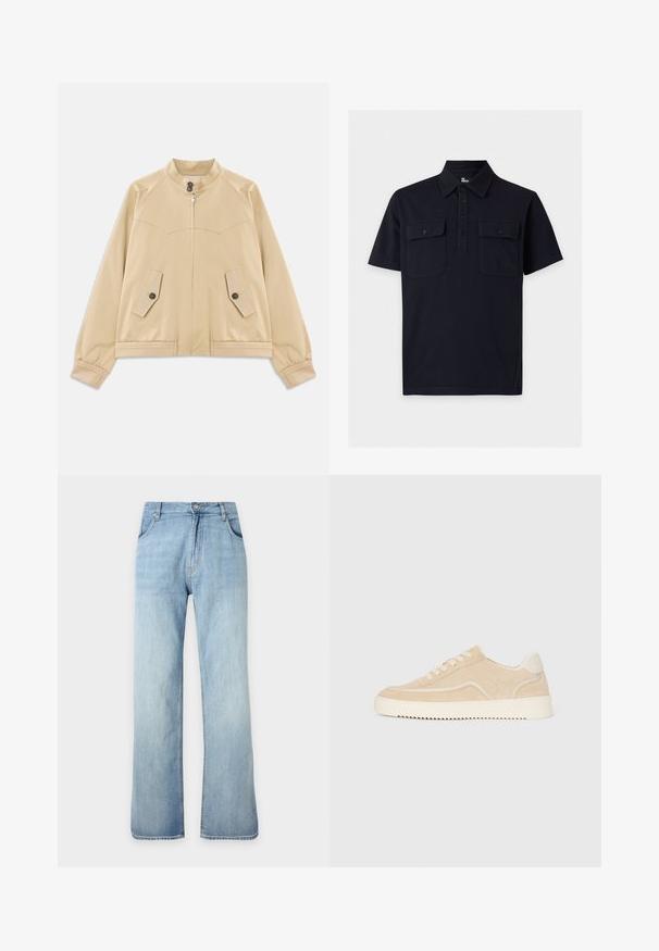 Veste légère beige avec col montant, fermeture éclair à l'avant, deux poches à rabat boutonnées, poignets élastiques et ourlet avec détail en tresse.; Polo noir à manches courtes avec col, patte de boutonnage à quatre boutons, et deux poches poitrine avec rabats boutonnés sur fond uni.; Jean denim bleu clair à coupe droite avec fermeture avant à boutons et zip, poches avant et passants de ceinture, présenté sur un fond uni.; Baskets en daim beige avec semelle et lacets blancs, design basse, et motif de semelle en zigzag.