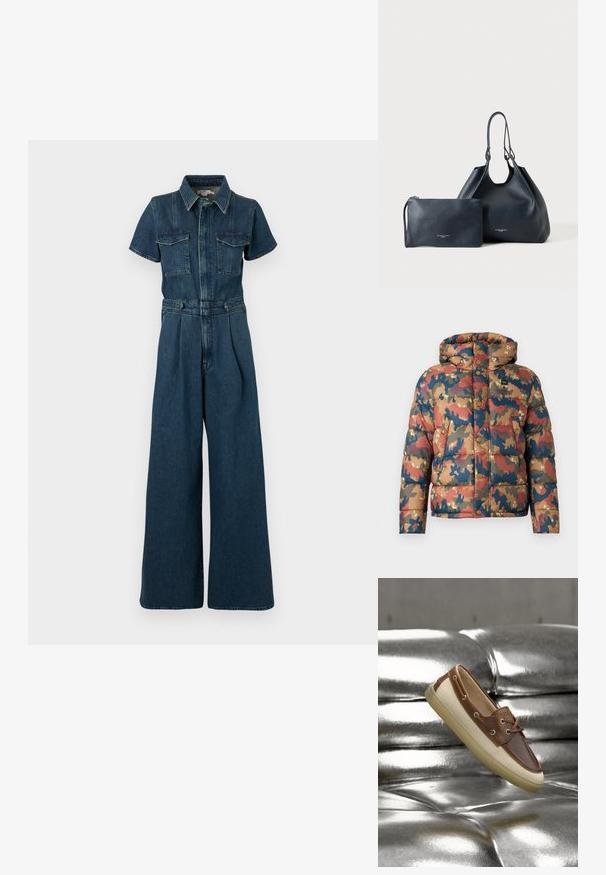 Padded bunda s maskáčovým vzorom v zemitých odtieňoch hnedej, červenej a modrej. Obsahuje kapucňu, patentky a predné vrecká.; Good American FIT FOR SUCCESS PLEATED WIDE LEG - Overal - indigo; Pánska casual slip-on obuv s hnedou kožou a béžovou látkou, umiestnená na lesklom striebornom čalúnenom koženom povrchu.; Čierna textúrovaná kožená kabelka s dvojitými rúčkami vedľa zodpovedajúcej taštičky so zipsom, obe položene na jednoduchom svetlom pozadí.