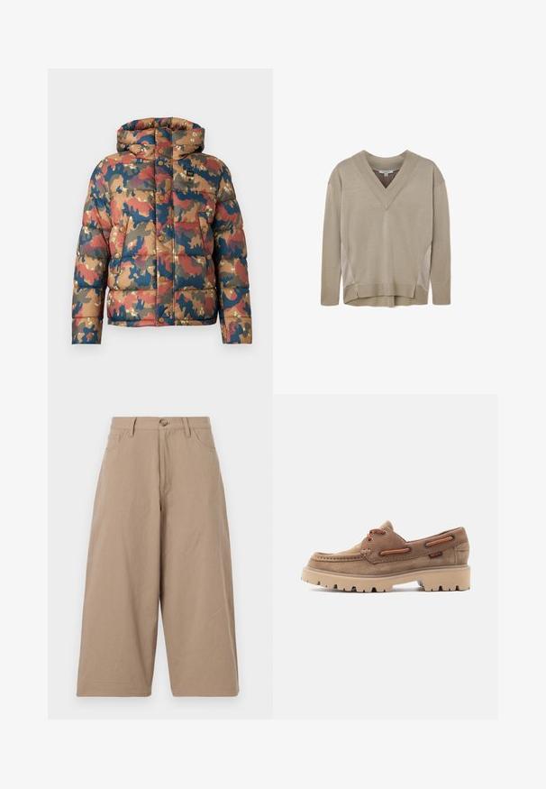Gepolsterte Jacke mit einem Tarnmuster in erdigen Tönen von Braun, Rot und Blau. Verfügt über eine Kapuze, Druckknöpfe und Fronttaschen.; Beige Pullover mit langen Ärmeln und V-Ausschnitt, ausgestattet mit gerippten Bündchen und Saum. Er verfügt über seitliche Panel-Akzente und einen leichten High-Low-Saum.; Beige weite Baumwollhosen mit hoher Taille, frontalen Taschen und einer einzelnen Knopfverschluss. Glatte Textur und gerader Schnitt.; Brauner Wildleder-Slipper mit dicker beiger Gummisohle, orangefarbenen Schnürungsmustern durch Metallösen und gestepptem Mokassinschaft-Design.