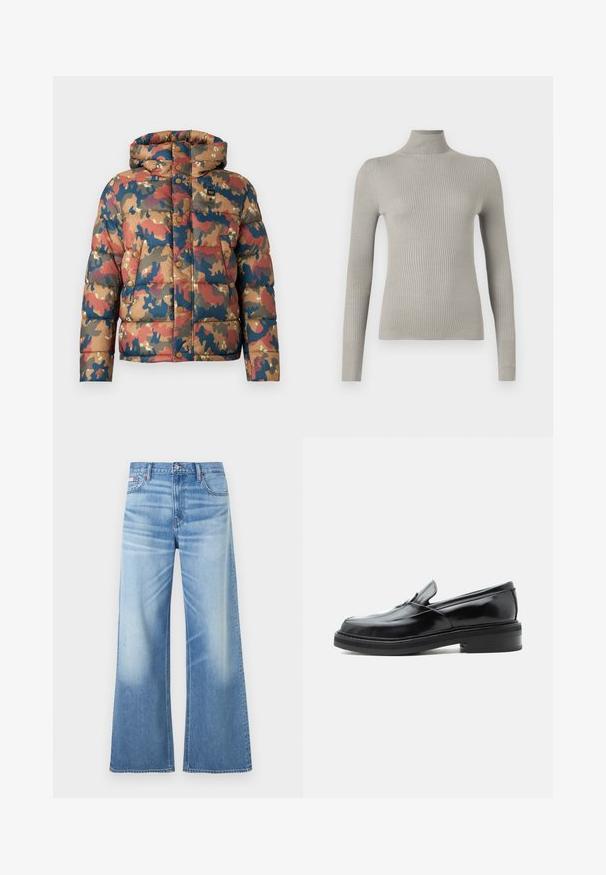 Veste rembourrée avec un motif camouflage dans des tons terreux de marron, rouge et bleu. Comprend une capuche, des boutons-pression et des poches avant.; Pull à col roulé côtelé gris clair avec des manches longues. Texture douce, design ajusté, doté d'un col haut et d'une finition sans couture.; Calvin Klein Jeans LOW RISE BAGGY - Jean boyfriend - diamond cove; Mocassin en cuir noir à enfiler avec un petit talon et un bout carré arrondi, vu de côté sur un fond blanc uni.