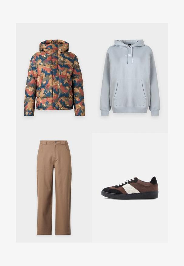 Veste rembourrée avec un motif camouflage dans des tons terreux de marron, rouge et bleu. Comprend une capuche, des boutons-pression et des poches avant.; Sweat à capuche gris clair avec une poche avant, un cordon de serrage et un logo blanc sur la poitrine. Tissu doux et lisse avec des poignets côtelés.; Pantalon marron à jambes droites avec poches avant, passants de ceinture et fermeture par bouton à la taille sur un fond uni.; Baskets en daim marron, noir et crème avec un panneau texturé blanc. Comprennent des lacets blancs, un embout arrondi et une semelle en caoutchouc noire.