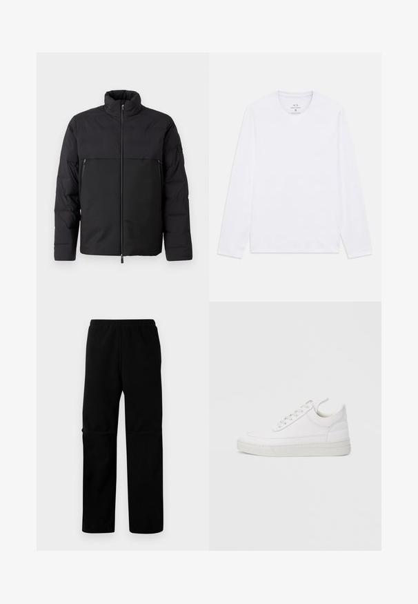 Mustat puffatakkia, jossa on korkea kaulus, vetoketjukiinnitys edessä ja sivutaskut. Takkissa on sileä pinta ja kontrastiväriset kangaspaneelit.; Valkoinen pitkähihaista crew neck -paitaa, jossa on Armani Exchange -logo painettuna kauluksen sisäpuolelle, koko medium.; Mustat fleece-housut, joissa on joustava vyötärö ja suora lahkeiden muoto. sileä pinta ilman näkyviä kuvioita tai varusteita.; Valkoinen nahkainen lenkkarit, joissa on pyöreä varvas, tasainen pohja ja nauhat edessä. Mallissa on ompelutaitoja ja pehmustettu kaulus mukavuutta varten.