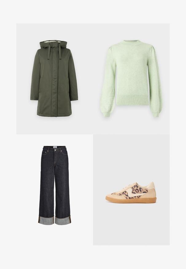 Olivegrüner langer Mantel mit Kapuze, Reißverschluss, zwei seitlichen Taschen und einem weichen Innenschild. Das Material wirkt wasserabweisend und glatt.; Hellgrüner Pullover mit Rundhalsausschnitt, gepufften Schulterärmeln und geripptem Saum. Hergestellt aus weichem Material mit glatter Textur.; Dunkelblaue Jeans mit weitem Bein, aufgeschlagenen Säumen, fünf Taschen und kontrastierenden gelben Nähten.; Löwenmuster-Sneaker mit beige Wildleder-Obermaterial, tanfarbener Gummisohle und weißen Akzenten. Runde Zehenform und Schnürdesign mit strukturiertem Finish.