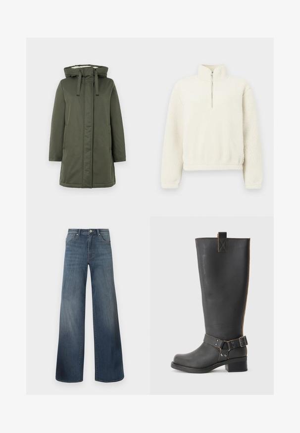 Olijfgroene lange jas met een capuchon, ritssluiting, twee zijzakken en een zachte binnenvoering. Het materiaal lijkt waterafstotend en soepel te zijn.; Crème-kleurige fleece pullover met een hoge kraag en een rits aan de voorkant. De textuur is zacht en donzig, met ribboorden aan de mouwen en onderkant.; Brede denims met wijde pijpen in donkerblauw, met een verwasde afwerking, knoopsluiting en vijf-pocketstijl. Gladde textuur, minimale stikseldetails.; Zwarte leren knie- hoog laars met een gestructureerde afwerking, voorzien van een zijgesp accent en een lage hak. Gedetailleerde stiksels langs de naden.