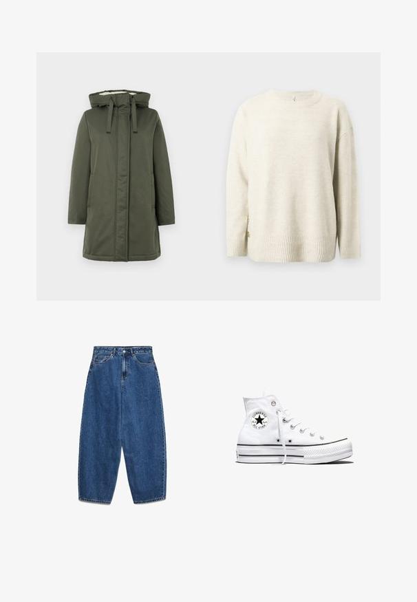 Olivegrüner langer Mantel mit Kapuze, Reißverschluss, zwei seitlichen Taschen und einem weichen Innenschild. Das Material wirkt wasserabweisend und glatt.; Cremfarbener, langärmliger Strickpullover mit gerippten Bündchen und Saum, der zwei dekorative Knöpfe auf der linken Seite in der Nähe der Taille hat.; Blaue Jeans aus Denim mit hoher Taille, lockerem Schnitt und geraden Beinen. Klassisches Fünf-Taschen-Design mit Reißverschluss und Knopfverschluss.; Weißer Converse Chuck Taylor All Star High-Top-Sneaker mit schwarzem Logo-Patch und weißen Schnürsenkeln, dargestellt auf weißem Hintergrund.