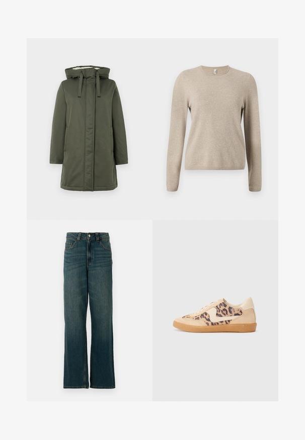 Olijfgroene lange jas met een capuchon, ritssluiting, twee zijzakken en een zachte binnenvoering. Het materiaal lijkt waterafstotend en soepel te zijn.; Beige gebreide trui met lange mouwen, ronde hals en geribbelde manchetten. Zachte textuur met een subtiel gemêleerd patroon.; Rechtaflopende blauwe denim jeans met vijf zakken en een knoopsluiting, tentoongesteld op een witte achtergrond.; Luipaardprint sneakers met een beige suède bovenkant, tan rubberen zool en witte accenten. Ronde neus en vetersluiting met een gestructureerde afwerking.