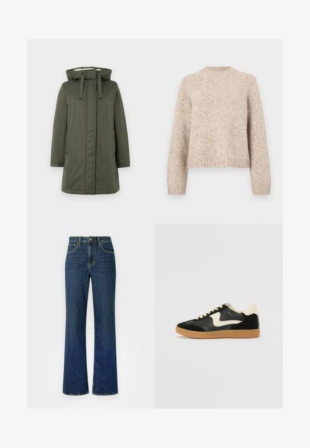 Olivegrüner langer Mantel mit Kapuze, Reißverschluss, zwei seitlichen Taschen und einem weichen Innenschild. Das Material wirkt wasserabweisend und glatt.; Beige Strickpullover mit Rundhalsausschnitt, langen Ärmeln und gerippten Bündchen. Hergestellt aus strukturiertem Wollgemisch mit dezenten Sprenkeln.; Hell ausgebleichte dunkelblaue Jeans aus Denim mit hoher Taille, weitem Bein und klassischem Fünf-Taschen-Design. Gelbe Nähte als Akzent.; Schwarze Wildleder- und Leder-Sneaker mit einem cremefarbenen Seiten-Swoosh und einer hellcremefarbenen Ferse. Ausgestattet mit beige Schnürsenkeln und einer Gummilaufsohle.