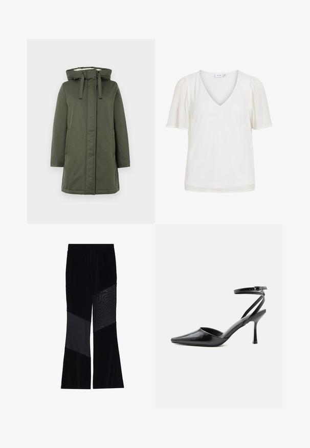 Olivegrüner langer Mantel mit Kapuze, Reißverschluss, zwei seitlichen Taschen und einem weichen Innenschild. Das Material wirkt wasserabweisend und glatt.; Weiße V-Ausschnitt-Bluse mit kurzen Puffärmeln aus leichtem Stoff, mit einfachem und elegantem Design.; Schwarze Hose aus Samt und Netz, mit diagonalen Paneelen aus solidem Stoff und durchscheinendem Netz, weit ausgestelltem Beinschnitt und elastischem Bund.; Schwarzer spitzer High Heel mit dünnen Knöchelriemen und silberner Schnalle auf einfachem hellem Hintergrund.