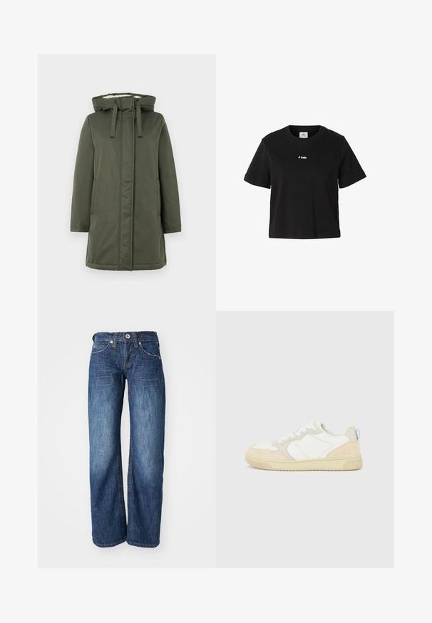 Olijfgroene lange jas met een capuchon, ritssluiting, twee zijzakken en een zachte binnenvoering. Het materiaal lijkt waterafstotend en soepel te zijn.; Zwart cropped top met korte mouwen, een ronde hals en een klein wit "Lois"-logo in het midden van de borst.; Donkerblauwe denim jeans met een rechte broekspijpenontwerp, voorzien van vijf zakken en een knoopsluiting aan de voorkant. Subtiele vervaging langs de bovenbenen.; Witte en beige sneaker met een bovenwerk van suède en textiel, voorzien van contrasterende stiksels, een rubberen zool en een lichtblauwe accenten op de hiel.