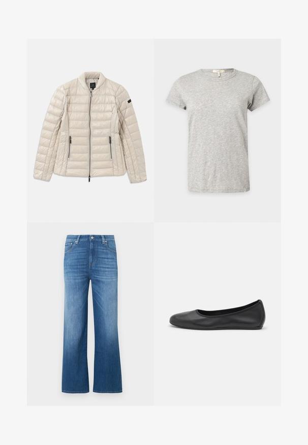 Beige pufferjack met een ritssluiting aan de voorkant, zijzakken en een staande kraag. Kenmerkt zich door een gewatteerde textuur en een slank, minimalistisch ontwerp.; Lichtgrijs T-shirt met korte mouwen en ronde hals met subtiel gemêleerd patroon, getoond op een effen achtergrond.; Wijde denim jeans in lichtblauw. Met een hoge taille, knoopsluiting en contrasterende stiksels. Gladde textuur met lichte vervaging.; Zwarte leren ballerina met een ronde neus, gladde textuur, minimale stikdetails en een flexibele zoolontwerp.
