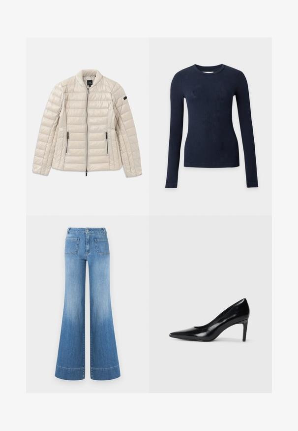 Veste matelassée beige avec fermeture éclair sur le devant, poches latérales et col montant. Présente une texture matelassée et un design épuré et minimaliste.; Pull ajusté bleu marine côtelé à manches longues avec col rond sur fond gris clair.; Jean en denim bleu clair à coupe évasée avec une taille haute, présentant un lavage délavé, des coutures contrastantes et deux poches arrière. Bas évasé avec ourlets.; Chaussure à talon haut en cuir noir avec un bout pointu, texture lisse et un talon effilé. Design minimaliste, sans embellissements supplémentaires.