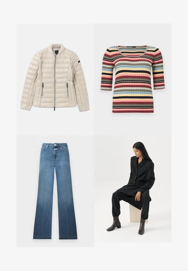 Beige pufferjack met een ritssluiting aan de voorkant, zijzakken en een staande kraag. Kenmerkt zich door een gewatteerde textuur en een slank, minimalistisch ontwerp.; Getopte geribbelde gebreide top met ellebooglange mouwen, ronde halslijn en horizontale strepen in marineblauw, roze, geel, blauw en beige.; Blauwe spijkerbroek met hoge taille, knoopsluiting, zakken aan de voorkant en achterkant, en een lichte uitlopende pijp aan de onderkant.; Vrouw met lang donker haar zittend, draag een losse zwarte blazer, bijpassende wijde broek en donkere enkellaarsjes tegen een effen witte achtergrond.