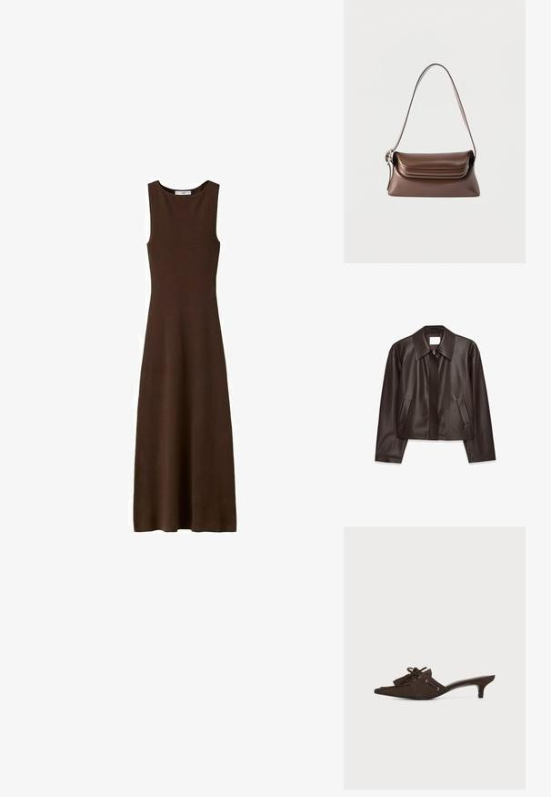 Veste en cuir marron foncé avec fermeture éclair devant, large col, manches longues et deux poches latérales inclinées, présentée à plat sur un fond blanc.; Robe sans manches, marron foncé, longueur cheville, avec un col rond et un corsage ajusté, s'évasant légèrement en une jupe fluide.; Mule pointue en daim brun foncé avec un petit talon kitten, pampilles décoratives et détail en dentelle sur fond blanc.; Sac à bandoulière en cuir marron avec une boucle argentée sur la sangle et un rabat à rabat, présenté sur un fond blanc.