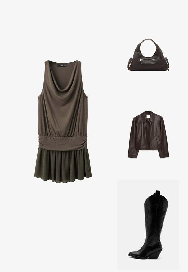 Dunkelbraune Lederjacke mit Frontreißverschluss, weitem Kragen, langen Ärmeln und zwei schrägen Seitentaschen, flach auf einem weißen Hintergrund gezeigt.; Ärmelloses olivgrünes Kleid mit drapiertem Ausschnitt, tailliertem Schnitt und plissiertem Rocksaum, präsentiert auf weißem Hintergrund.; Schwarzer Leder-Cowboystiefel mit spitzer Zehe, schrägem Blockabsatz, dekorativer Naht und Zuglaschen oben vor weißem Hintergrund.; Schwarze Lederhandtasche mit rundem Tragegriff oben, zwei Seitentaschen mit Reißverschlüssen und glatter Oberfläche. Leicht lockeres Design.