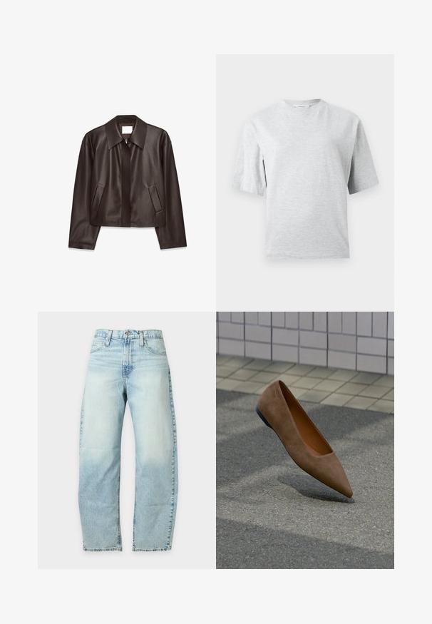 Dunkelbraune Lederjacke mit Frontreißverschluss, weitem Kragen, langen Ärmeln und zwei schrägen Seitentaschen, flach auf einem weißen Hintergrund gezeigt.; Hellgraues T-Shirt mit kurzen Ärmeln und Rundhalsausschnitt in entspannter Passform, dargestellt auf weißem Hintergrund.; Hellblaue ausgewaschene Jeans mit geradem Bein, vorne mit Knopf- und Reißverschluss, Gürtelschlaufen und Vordertaschen.; Brauner Wildleder-Spitzenschuh flach schwebend über Asphalt mit gefliester Wand und Gehweg im Hintergrund.