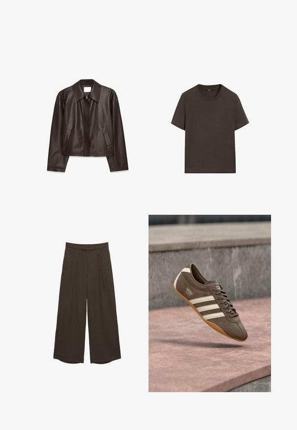 Veste en cuir marron foncé avec fermeture éclair devant, large col, manches longues et deux poches latérales inclinées, présentée à plat sur un fond blanc.; T-shirt à manches courtes marron foncé en coton. Il possède un col rond et une coupe décontractée, sans motifs ni accents visibles.; Pantalon large marron foncé avec passants de ceinture, plis avant et poches latérales, posé à plat sur un fond blanc.; Baskets en daim marron avec des rayures blanches et un logo, dotées d'un bout rond et d'une semelle en caoutchouc gomme, suspendues au-dessus d'une surface texturée.