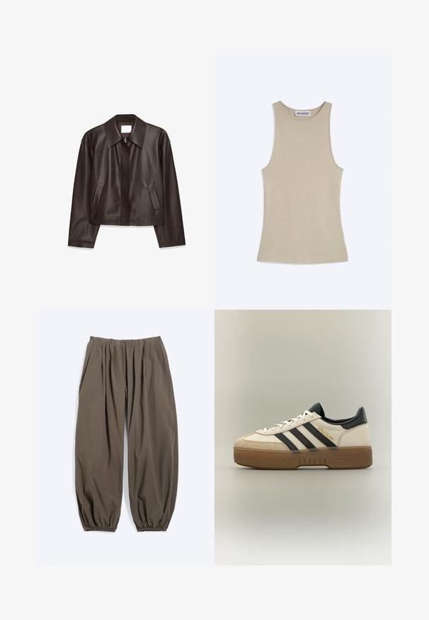 Chaqueta de cuero marrón oscuro con cremallera frontal, amplio collar, mangas largas y dos bolsillos laterales en ángulo, mostrada plana sobre un fondo blanco.; Camiseta de tirantes beige acanalada con escote redondo y etiqueta "WEEKDAY" cosida en el interior del cuello.; Pantalones de color oliva oscuro de corte holgado con cintura elástica y puños elásticos recogidos, mostrados sobre un fondo claro.; Zapatilla blanca Adidas con rayas negras, puntera de ante beige, suela marrón y "SPEZIAL" en letras doradas en el lateral.
