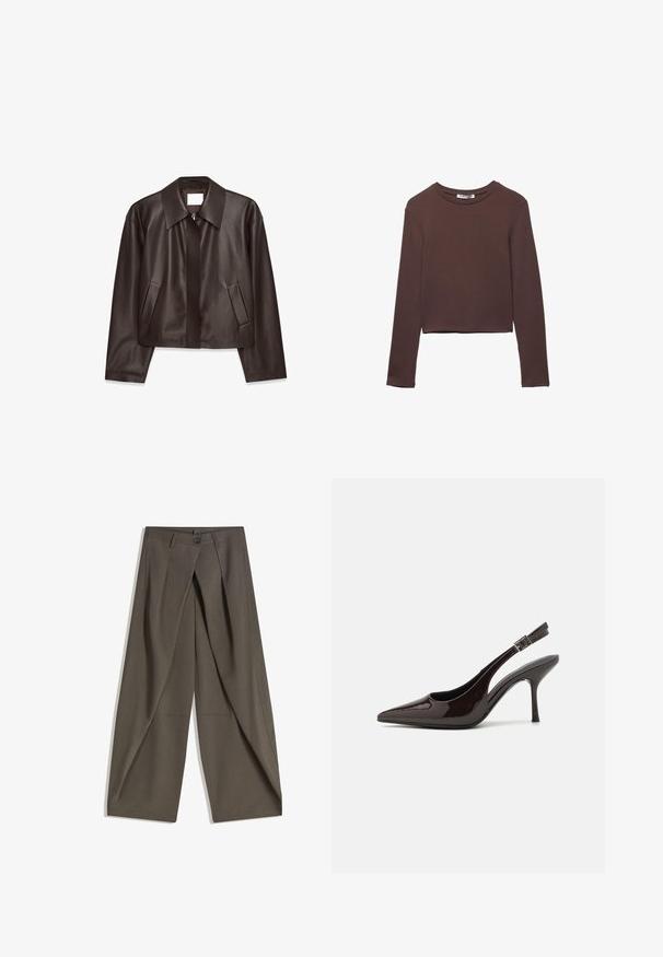 Donkerbruin leren jack met een rits aan de voorkant, brede kraag, lange mouwen en twee schuine zijzakken, plat weergegeven op een witte achtergrond.; Bruine langemouwen cropped shirt in een zachte, gladde stof met een ronde halslijn en zonder zichtbare patronen of hardware.; Wijdvallende broek gemaakt van een gestructureerde, donkergrijze stof. Heeft een voorplooien, een knopenluiting en zijzakken voor praktische doeleinden.; Slingback hoge hak schoen in glanzend donkerbruin patentleer, puntige neus, open zijkanten en verstelbare enkelband.