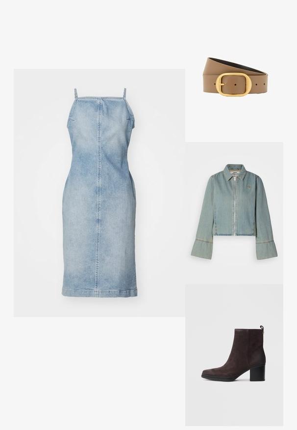 Kraftig denimjakke i lys blå med en frontlynlås, spidse kraver og klokkeærmer. Har subtile syninger og et broderet logo.; Denimkjole med tynde stropper, lyseblå farve, knælængde, tætsiddende silhuet og lodret sømdetalje ned ad midten.; Brun ruskindsankelstøvle med firkantet tå, en mellemhøj hæl og en trækflap bagpå; har en glat sort sål og diskret syning.; Brunt læderbælte med en stor, afrundet rektangulær guldbeslag, delvist sammenrullet, viser flere justeringshuller.