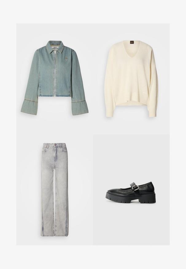 Kraftig denimjakke i lys blå med en frontlynlås, spidse kraver og klokkeærmer. Har subtile syninger og et broderet logo.; Creme V-hals sweater lavet af blødt stof, med brede ærmer, en afslappet pasform og diskret strikdetalje ved kanten og skuldrene.; Lyseblå vid-leg jeans lavet af denim med en falmet vask, der har lynlås, fem lommer og kontraststikning.; Sorte læder Mary Jane sko med en chunky platform sål, rund tå og sidelukning. Glat tekstur med minimal syning.