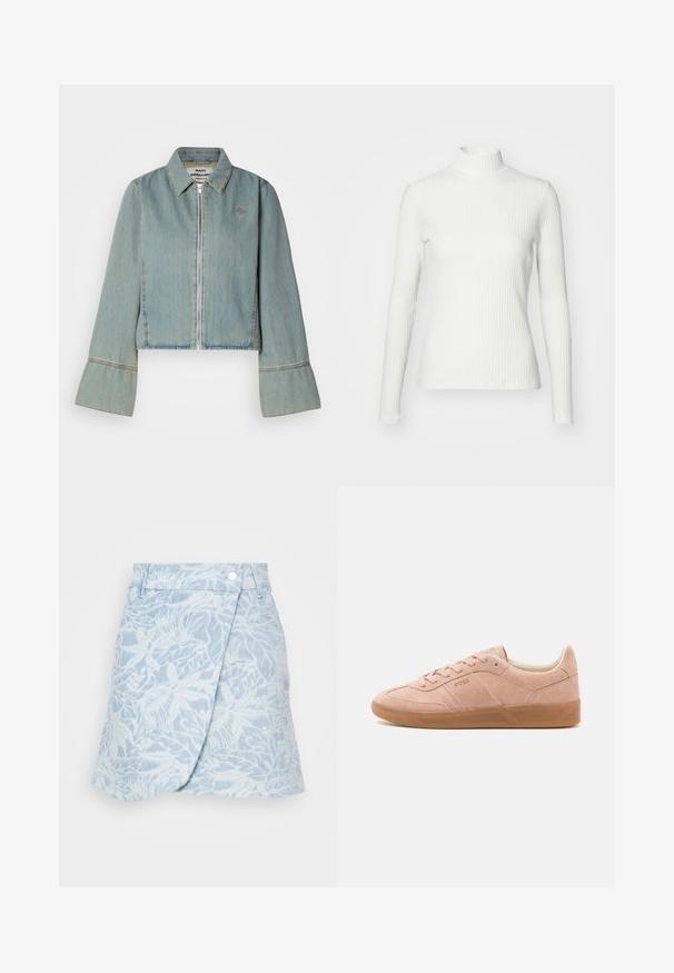 Chaqueta de denim recortada en azul claro con cremallera frontal, cuello puntiagudo y mangas acampanadas. Presenta detalles de costura sutiles y un logo bordado.; Top de cuello alto blanco con canalé y mangas largas, fabricado en una tela elástica. Presenta un diseño ajustado y un escote alto para mayor cobertura.; BOSS SKIRT MINI - Falda acampanada - medium blue; Zapatillas de ante rosa claro con suela de goma, punta redondeada y cierre con cordones. Presenta una marca mínima en el lateral y en el talón.