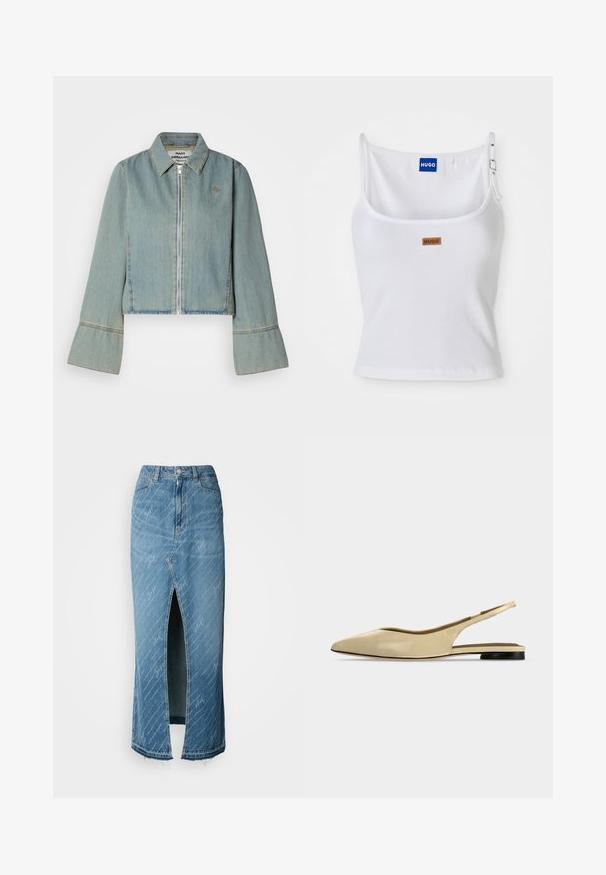 Kraftig denimjakke i lys blå med en frontlynlås, spidse kraver og klokkeærmer. Har subtile syninger og et broderet logo.; Hvid ribbet tanktop med justerbare stropper, der har et blåt logo-label og et lille brunt tag, fremstillet af blødt, strækbart materiale.; Blå denim midi-nederdel med en frontslid, falmet tekstur og hvidt skriftmønster. Har et klassisk taljebånd og frynset kant.; Beige spids tå slingback flad sko med lav sort hæl og en glat læderfinish, vist fra siden på en ensfarvet baggrund.