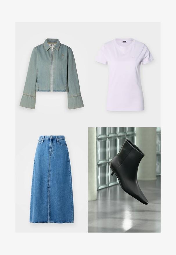 Kraftig denimjakke i lys blå med en frontlynlås, spidse kraver og klokkeærmer. Har subtile syninger og et broderet logo.; Hvid kortærmet dame-t-shirt med rund halsudskæring og lille præget "BOSS"-logo på venstre bryst.; Blå denim maxi nederdel med frontknaplukning, to lommer og lige design med rå kant. Klassisk og alsidig.; Sort læderankelstøvle med spids tå og lav kitten-hæ, vist vinklet mod en poleret gulv- og glasblokvæg.