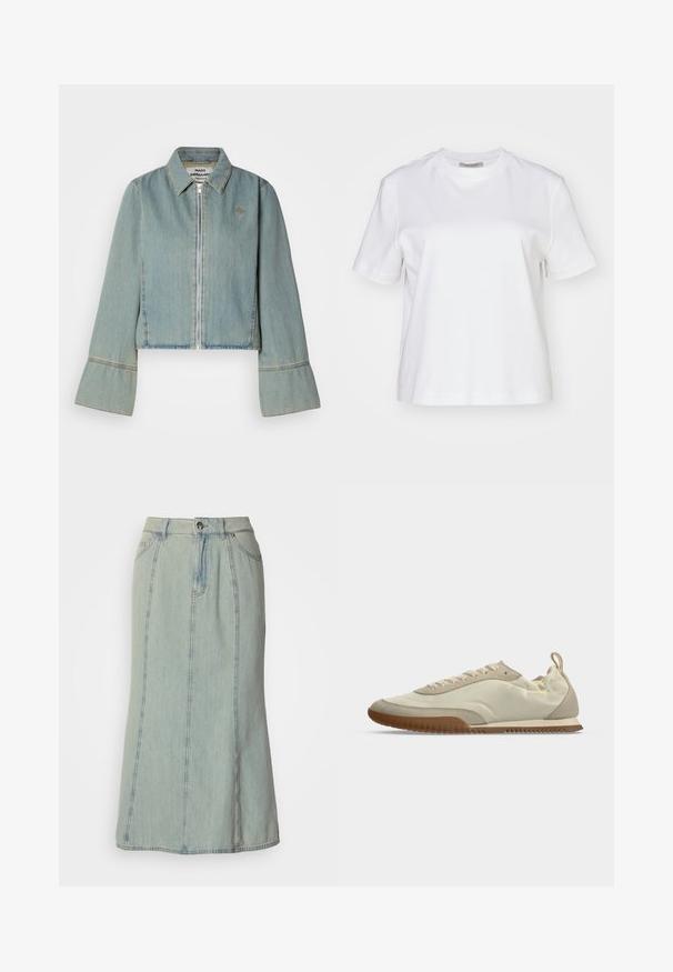 Korte denimjack in lichtblauw met een ritssluiting aan de voorkant, puntige kraag en klokmouwen. Bevat subtiele stikdetails en een geborduurd logo.; AllSaints LISA TEE - T-shirt basic - white; Lichtblauwe denim midi-rok met voorknoop, ritssluiting, riemlussen en verticale naaddetails.; Low-profile beige sneaker met witte veters, suède accenten, een bruine rubberen zool en een trekriempje aan de hiel.